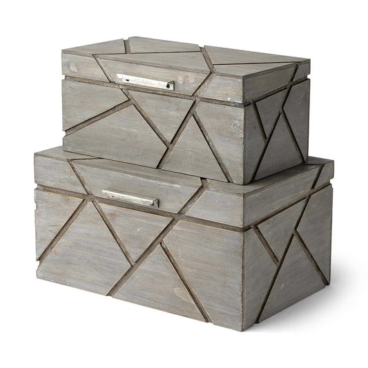 Set Of Two Gray Wooden Boxes With Carved Details - Homeroots - Flyclothing LLC
