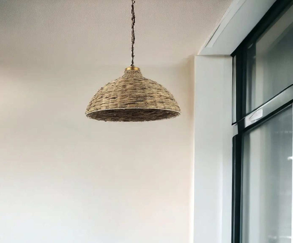 Brown Wicker Domed Hanging Pendant Light - Homeroots - Flyclothing LLC