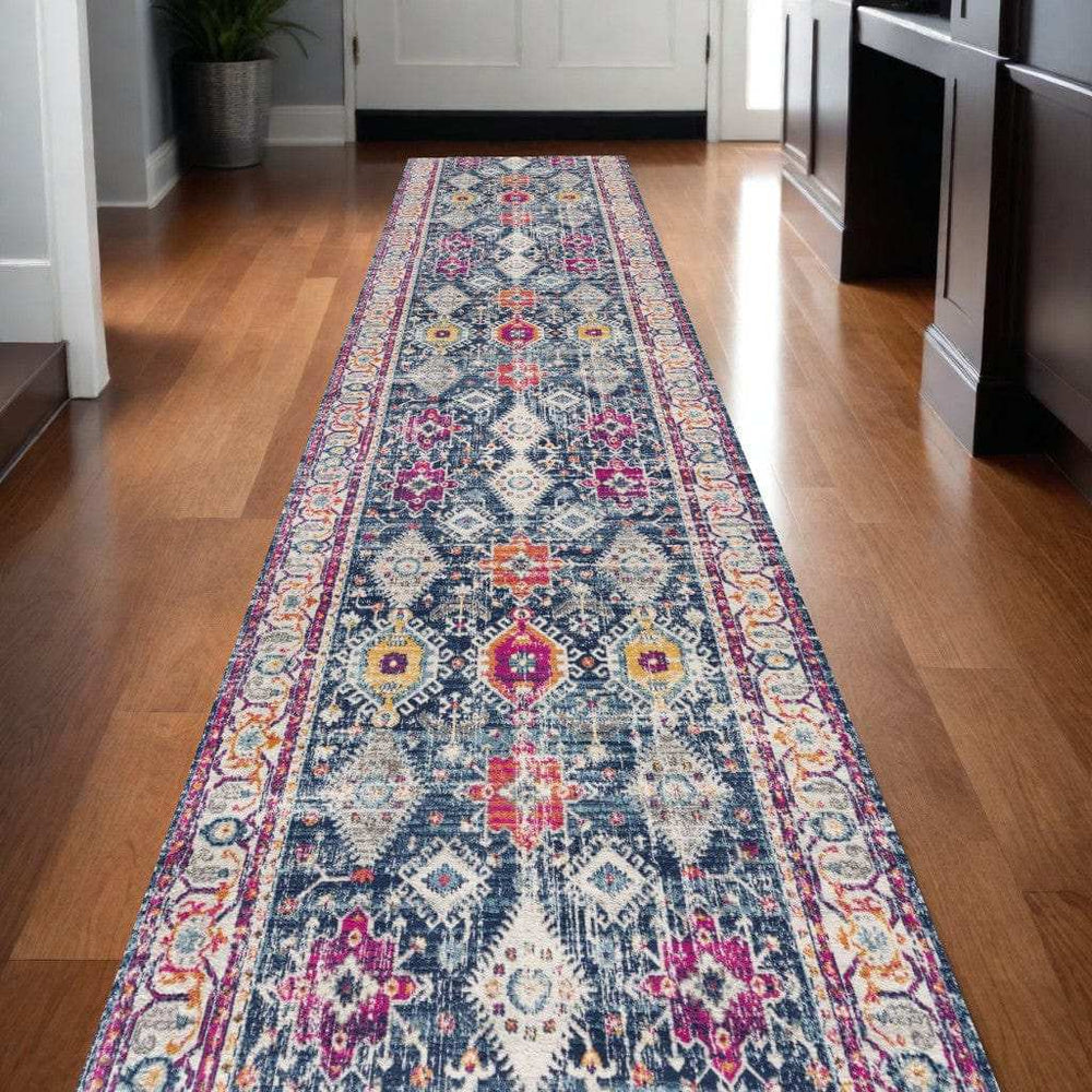 13' Runner Blue and Ivory Oriental Runner Rug - Homeroots - Flyclothing LLC