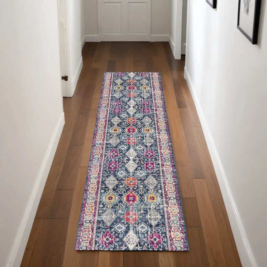 8' Runner Blue and Ivory Oriental Runner Rug - Homeroots - Flyclothing LLC
