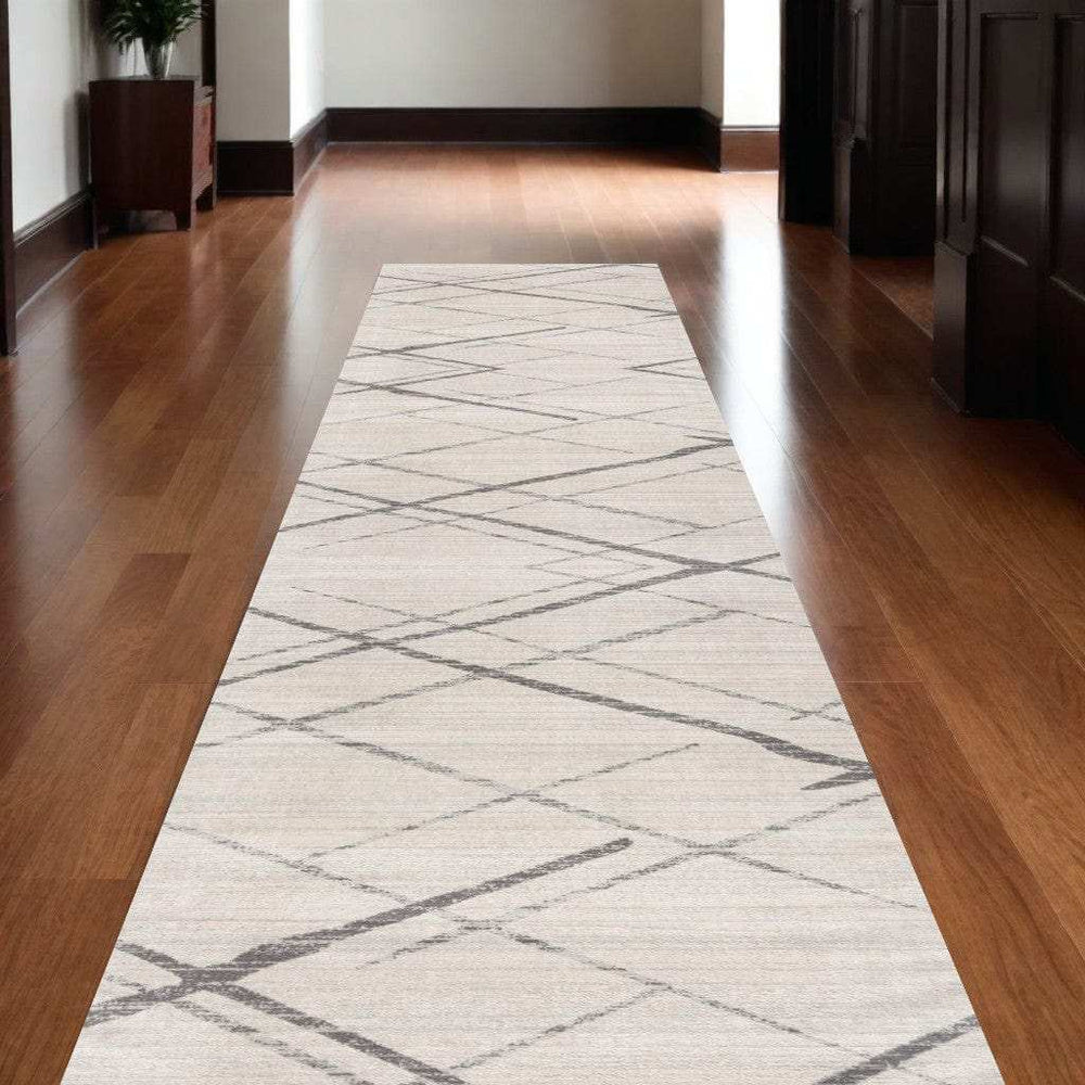 10' Runner Gray and Ivory Geometric Runner Rug - Homeroots - Flyclothing LLC