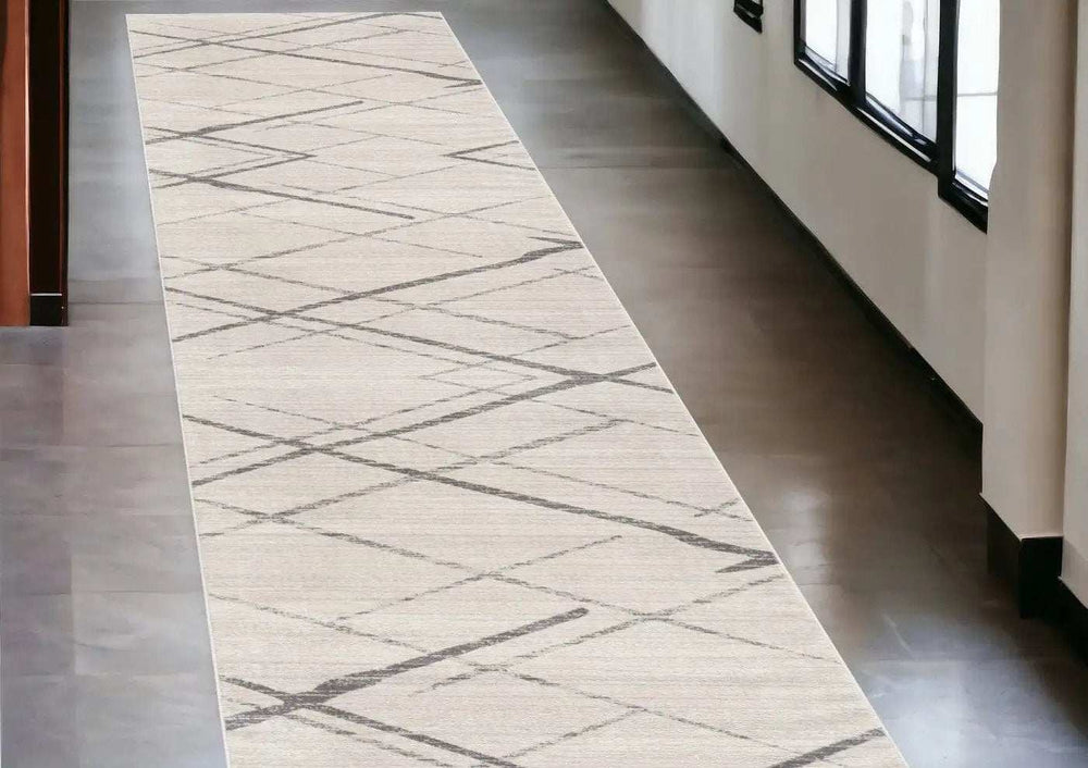 13' Runner Gray and Ivory Geometric Runner Rug - Homeroots - Flyclothing LLC