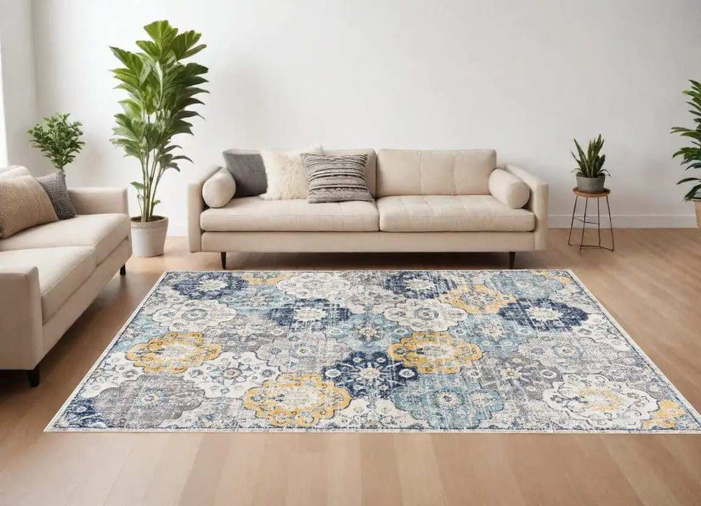 12' X 18' Blue and Yellow Floral Washable Non Skid Area Rug - Homeroots - Flyclothing LLC