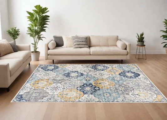 12' X 18' Blue and Yellow Floral Washable Non Skid Area Rug - Homeroots - Flyclothing LLC