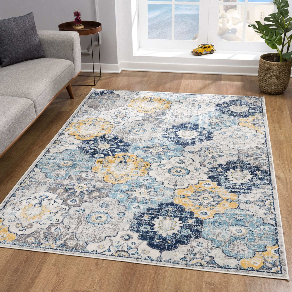 12' X 18' Blue and Yellow Floral Washable Non Skid Area Rug - Homeroots - Flyclothing LLC