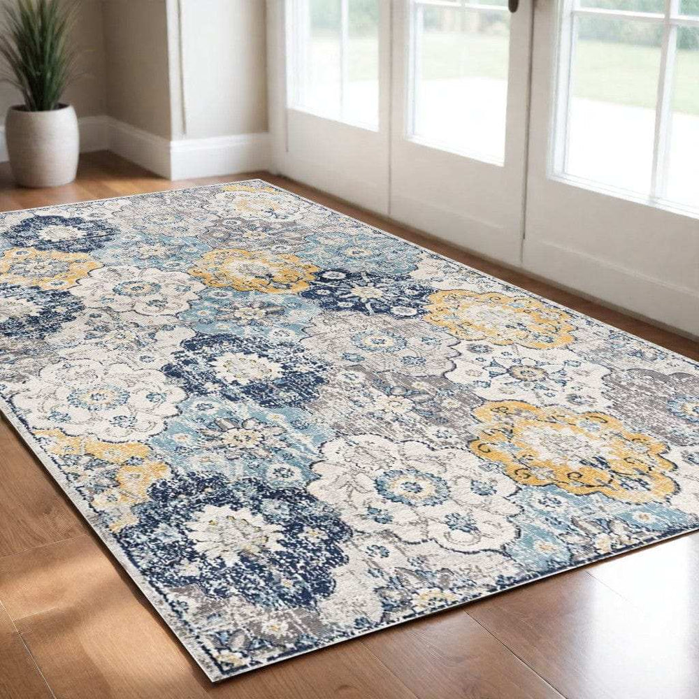 2' X 4' Blue and Yellow Floral Area Rug - Homeroots - Flyclothing LLC