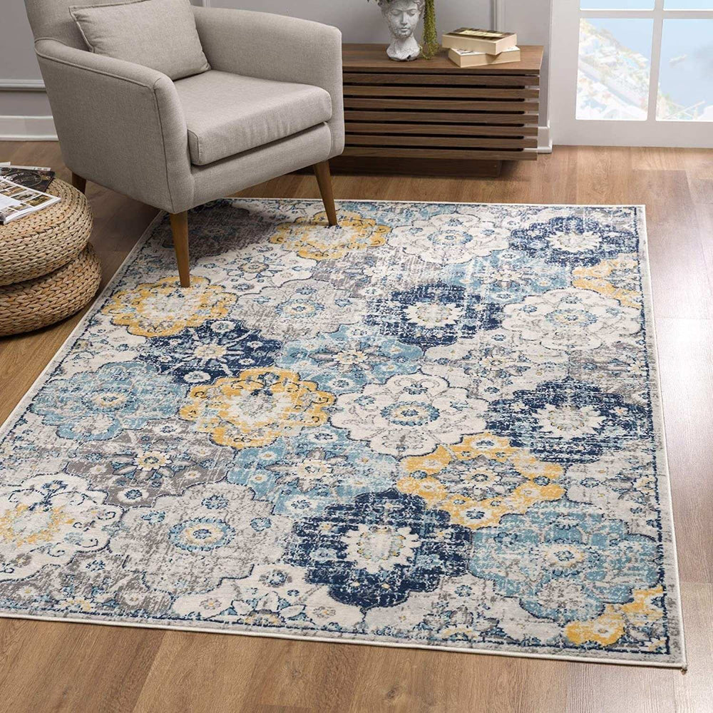 2' X 5' Blue and Yellow Floral Area Rug - Homeroots - Flyclothing LLC