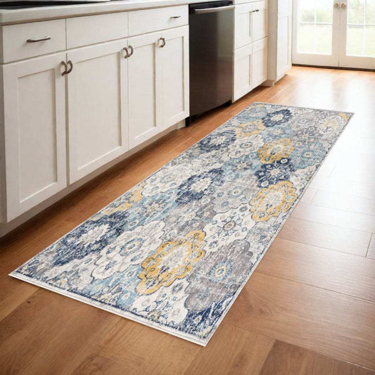 8' Runner Blue and Yellow Floral Runner Rug - Homeroots - Flyclothing LLC