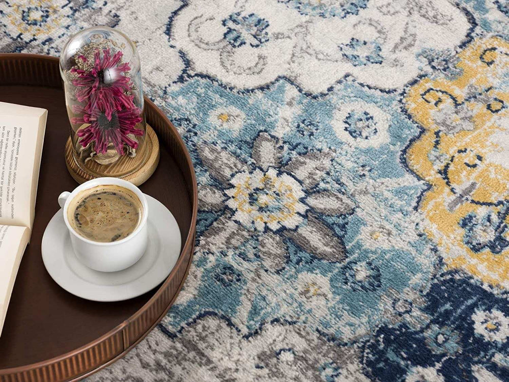 3' X 5' Blue and Yellow Floral Distressed Area Rug - Homeroots - Flyclothing LLC