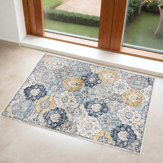 3' X 5' Blue and Yellow Floral Distressed Area Rug - Homeroots - Flyclothing LLC