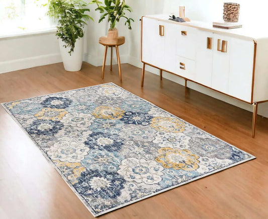 4' X 6' Blue and Yellow Floral Area Rug - Homeroots - Flyclothing LLC