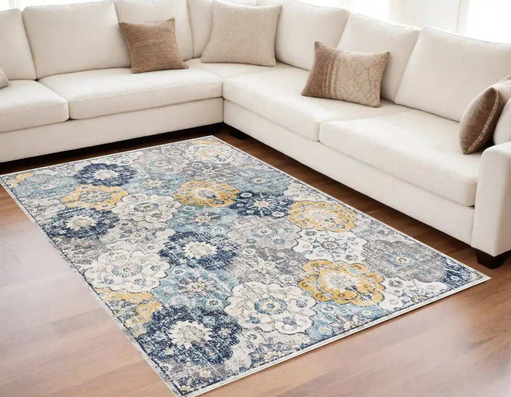 5' X 7' Blue and Yellow Floral Area Rug - Homeroots - Flyclothing LLC