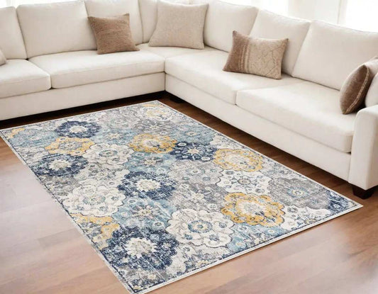 5' X 7' Blue and Yellow Floral Area Rug - Homeroots - Flyclothing LLC