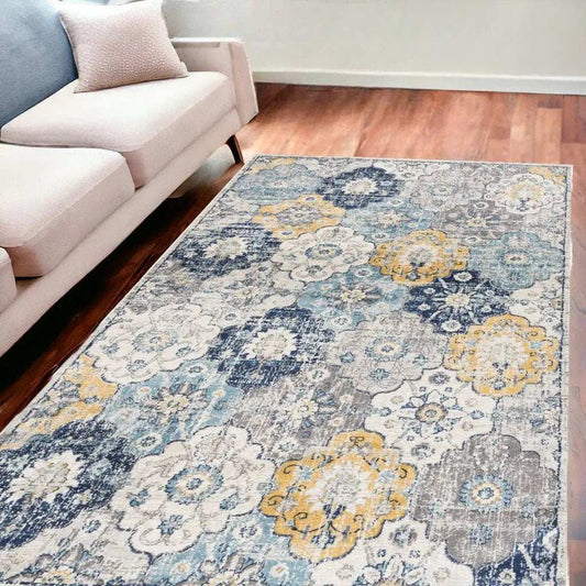 6' X 9' Blue and Yellow Floral Area Rug - Homeroots - Flyclothing LLC