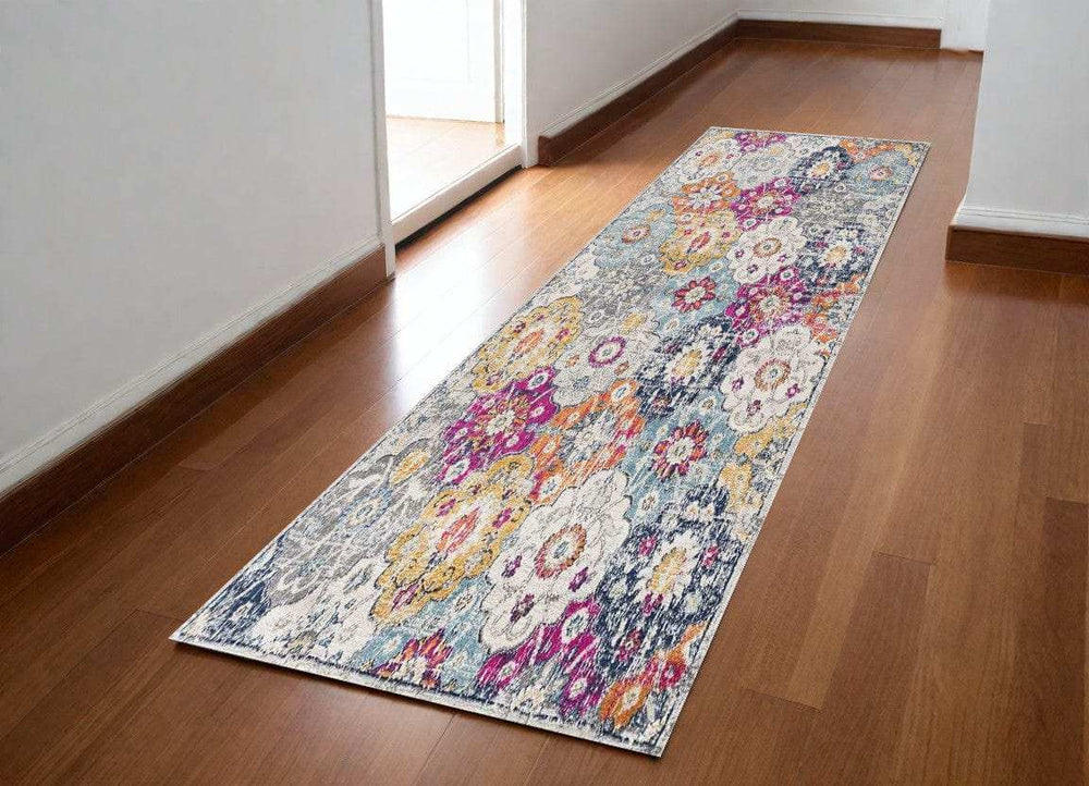 8' Runner Blue and Ivory Floral Runner Rug - Homeroots - Flyclothing LLC