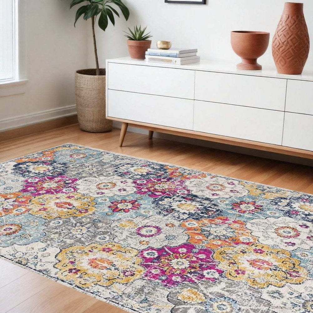 8' X 10' Blue and Ivory Floral Area Rug - Homeroots - Flyclothing LLC