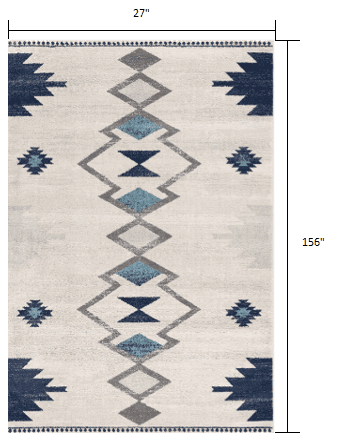 13' Runner Blue and Ivory Southwestern Runner Rug - Homeroots - Flyclothing LLC