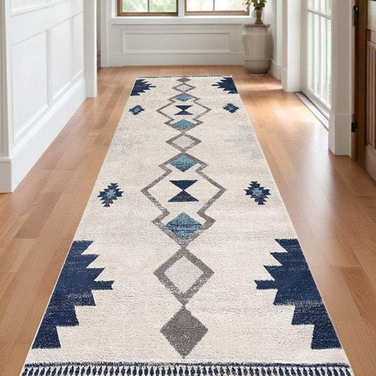 20' Runner Blue and Ivory Southwestern Runner Rug - Homeroots - Flyclothing LLC