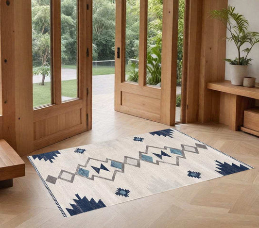 2' X 4' Blue and Ivory Southwestern Area Rug - Homeroots - Flyclothing LLC