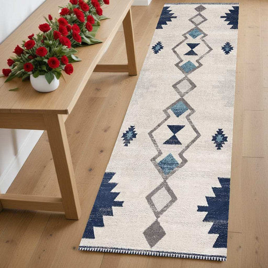 6' Runner Blue and Ivory Southwestern Area Rug - Homeroots - Flyclothing LLC