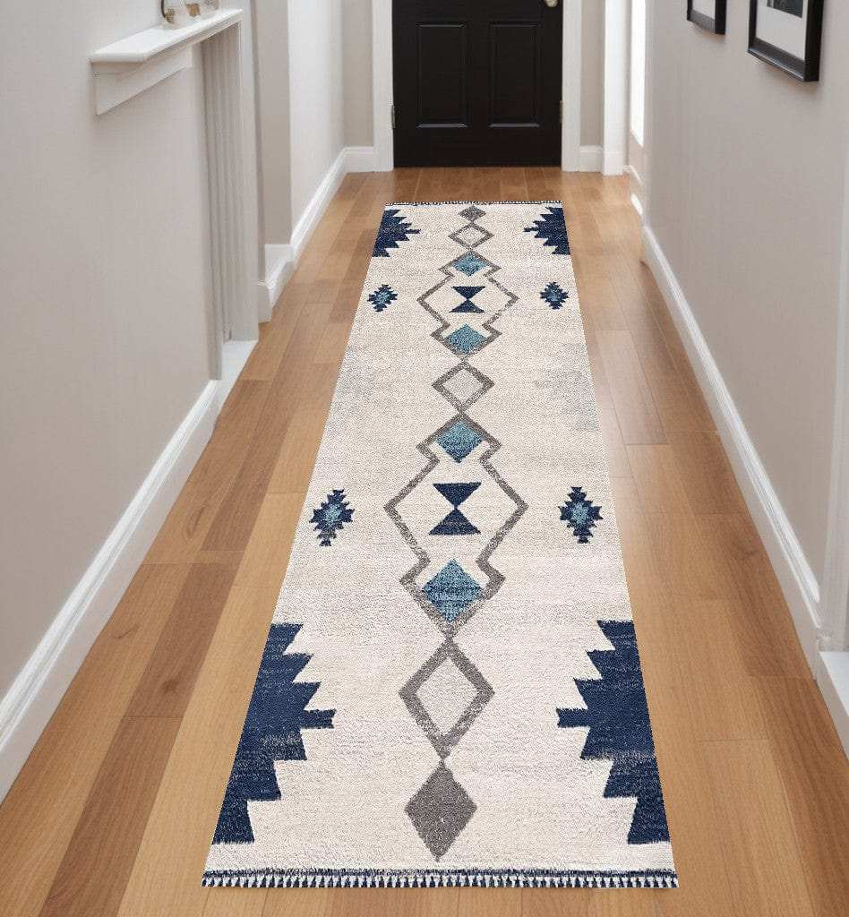 8' Runner Blue and Ivory Southwestern Runner Rug - Homeroots - Flyclothing LLC