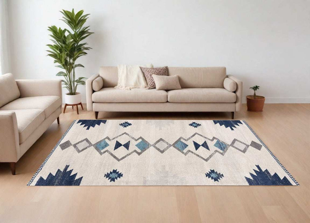 9' X 13' Navy and Ivory Tribal Pattern Area Rug - Homeroots - Flyclothing LLC