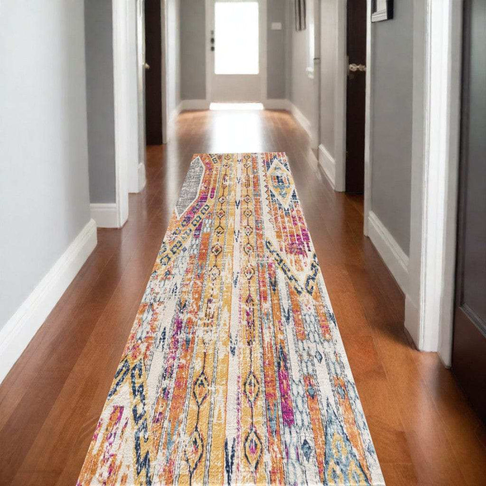 10' Runner Gold and Ivory Southwestern Runner Rug - Homeroots - Flyclothing LLC