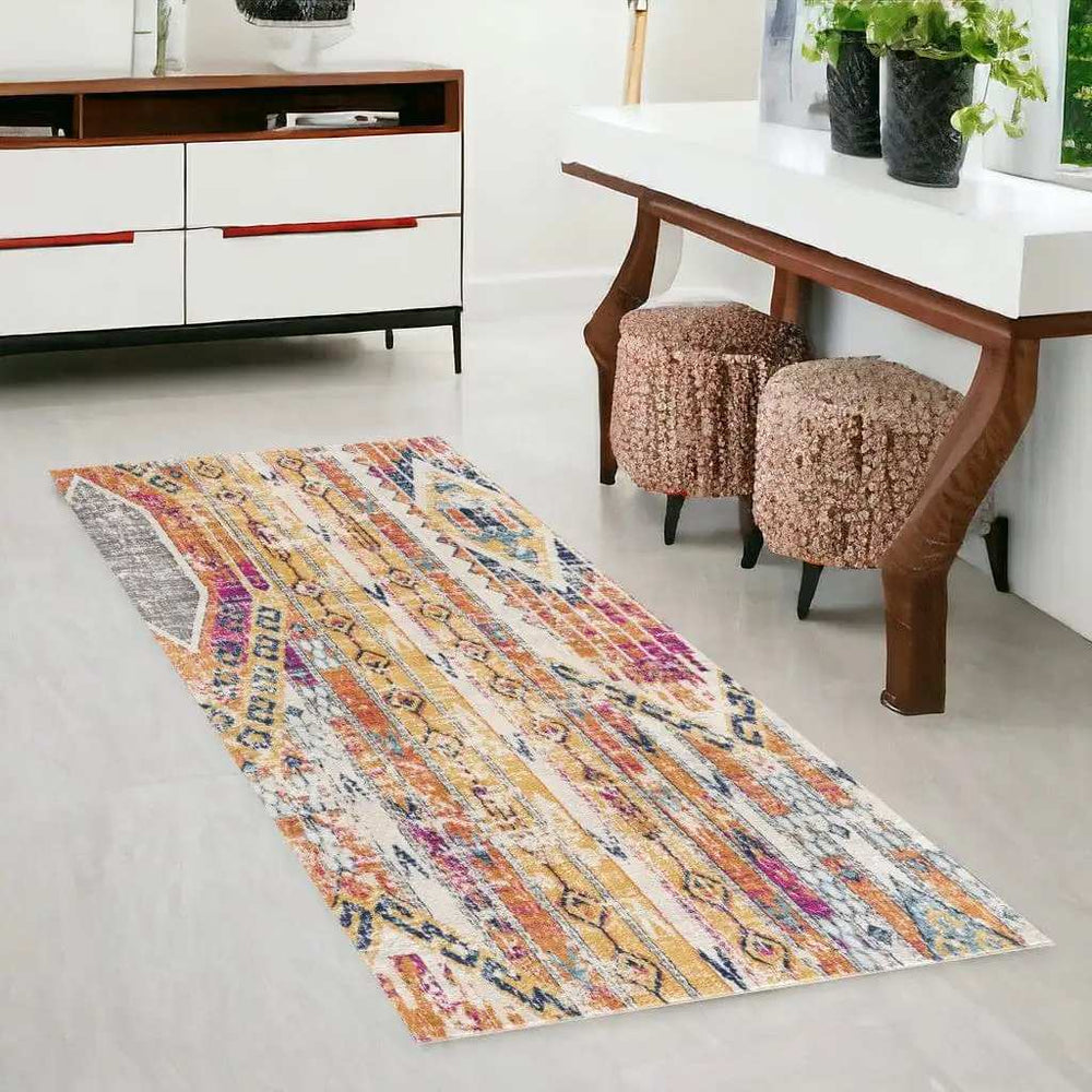 8' Runner Gold and Ivory Southwestern Runner Rug - Homeroots - Flyclothing LLC
