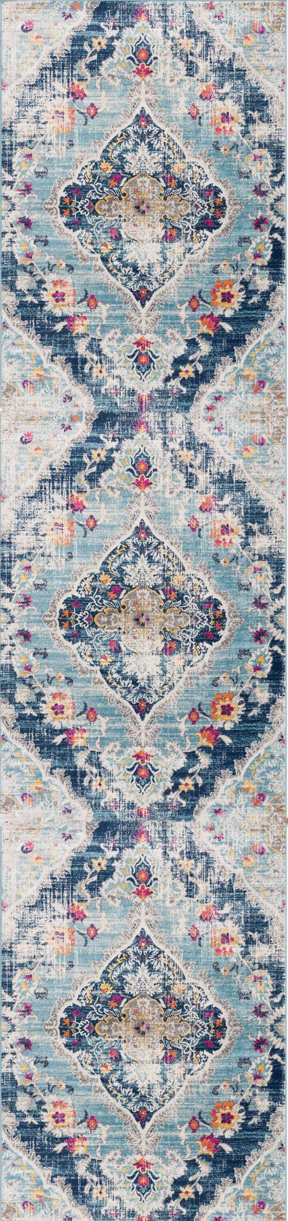 8' Runner Blue and Ivory Medallion Runner Rug - Homeroots - Flyclothing LLC