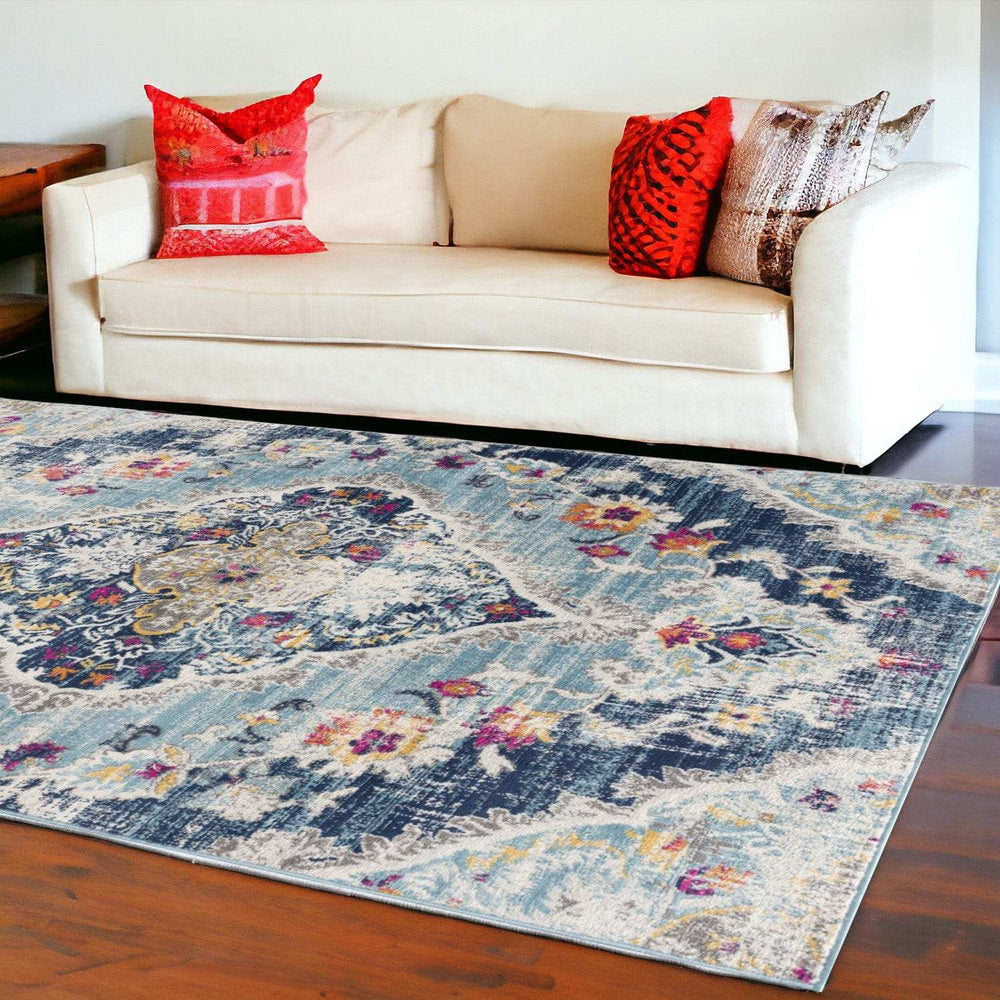 9' X 13' Blue Distressed Medallion Area Rug - Homeroots - Flyclothing LLC
