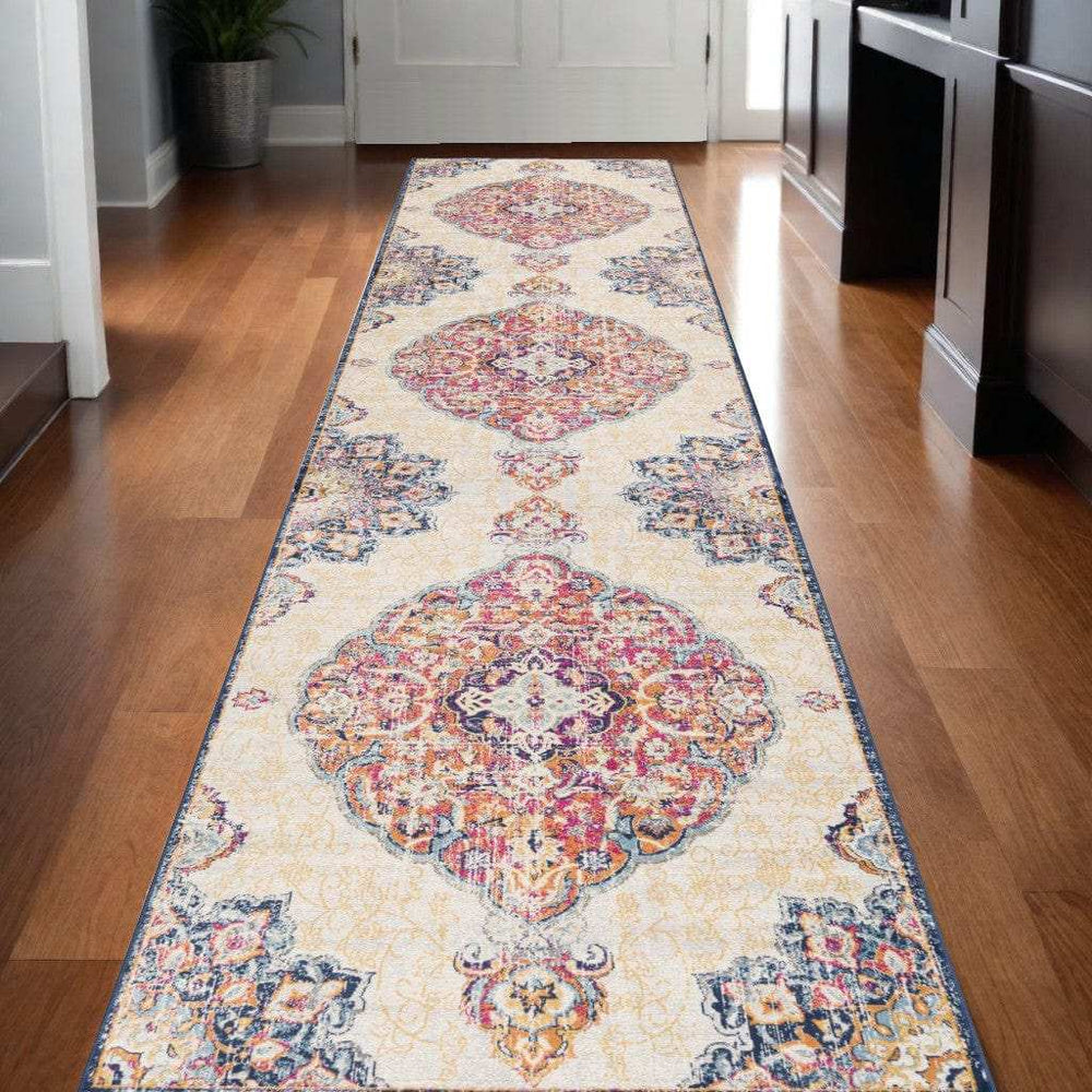 10' Runner Blue and Beige Medallion Runner Rug - Homeroots - Flyclothing LLC