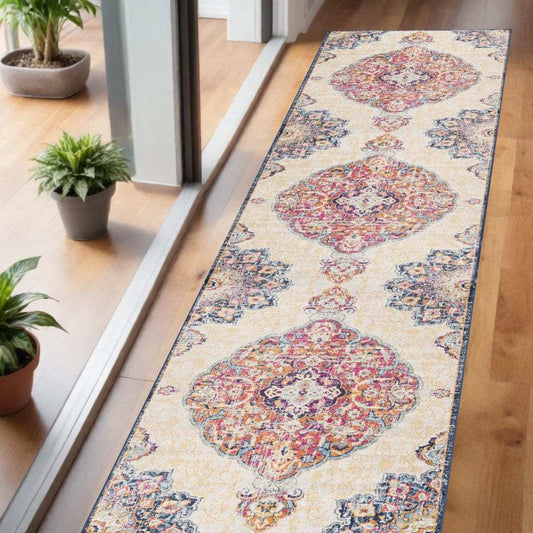 6' Runner Blue and Beige Medallion Area Rug - Homeroots - Flyclothing LLC