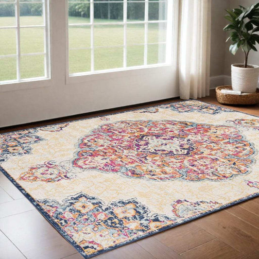 3' X 5' Blue and Beige Medallion Area Rug - Homeroots - Flyclothing LLC