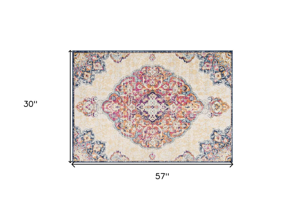 3' X 5' Blue and Beige Medallion Area Rug - Homeroots - Flyclothing LLC