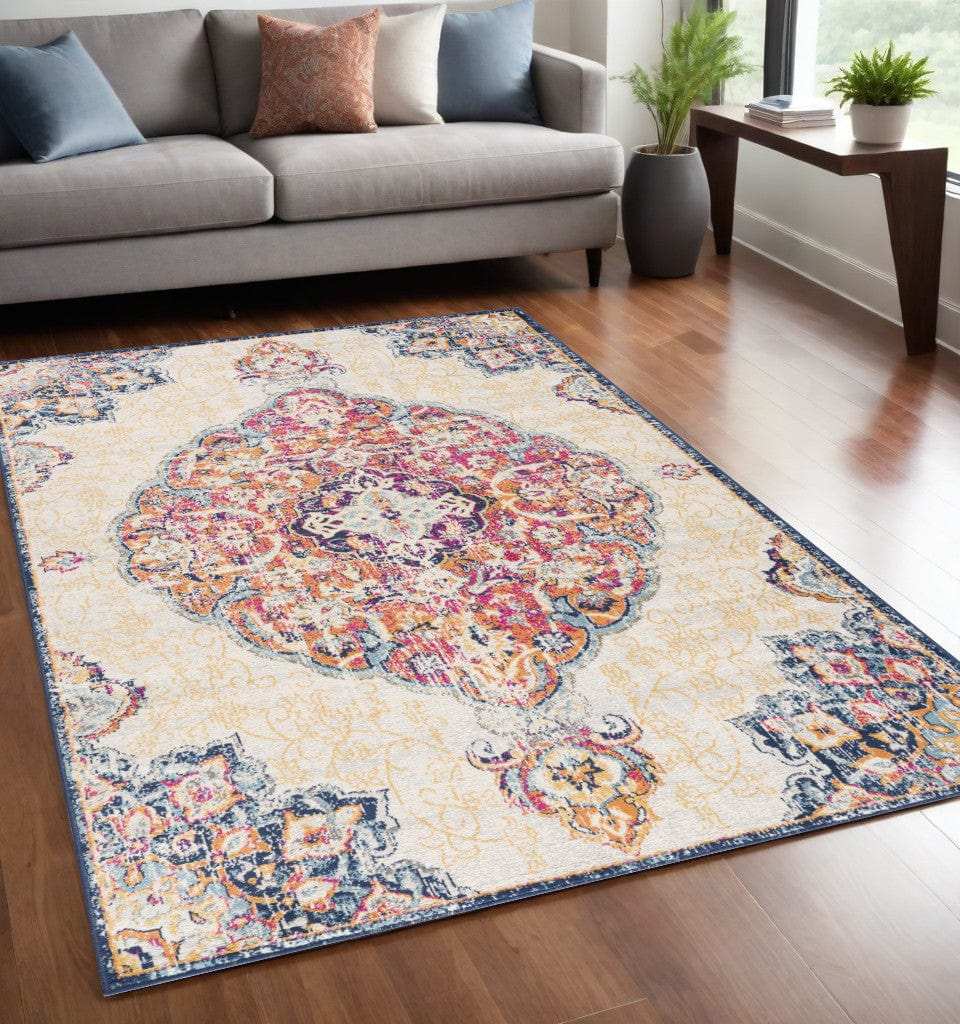 5' X 7' Blue and Beige Medallion Area Rug - Homeroots - Flyclothing LLC