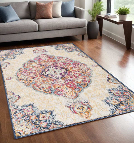5' X 7' Blue and Beige Medallion Area Rug - Homeroots - Flyclothing LLC