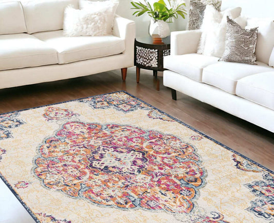 8' X 10' Blue and Beige Medallion Area Rug - Homeroots - Flyclothing LLC
