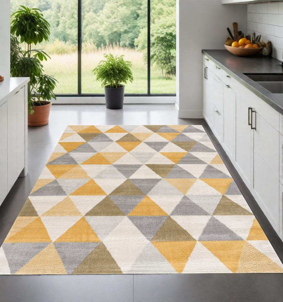 12' X 18' Yellow Geometric Washable Non Skid Area Rug - Homeroots - Flyclothing LLC