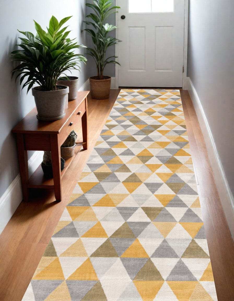 13' Runner Yellow and Ivory Geometric Runner Rug - Homeroots - Flyclothing LLC
