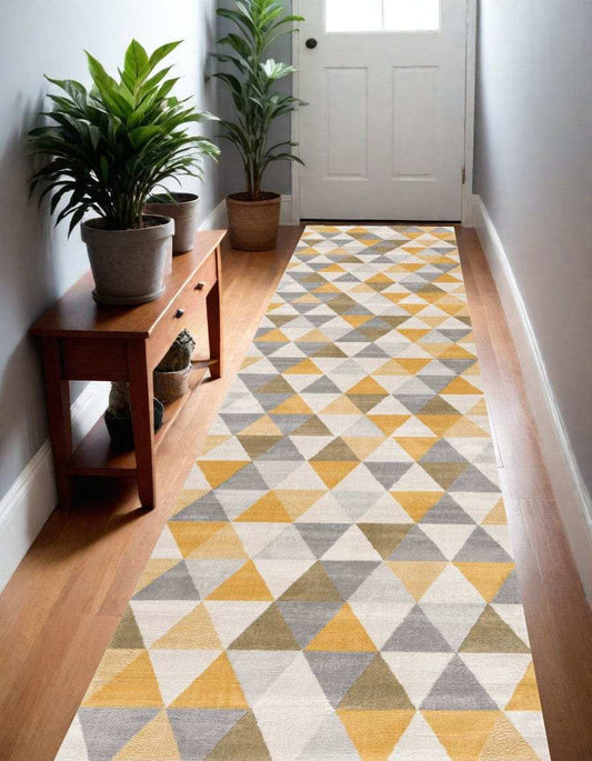 13' Runner Yellow and Ivory Geometric Runner Rug - Homeroots - Flyclothing LLC