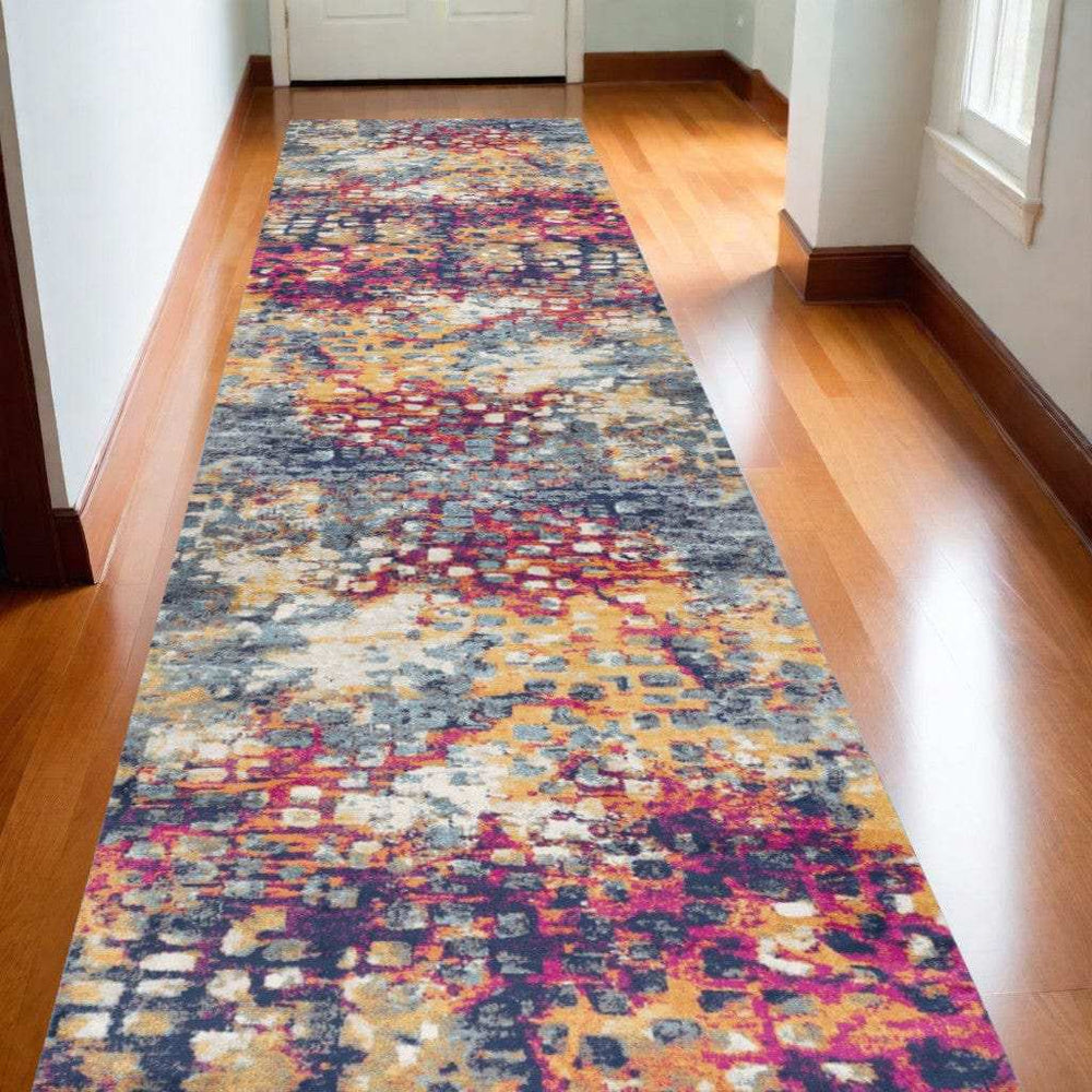20' Runner Blue and Ivory Abstract Runner Rug - Homeroots - Flyclothing LLC