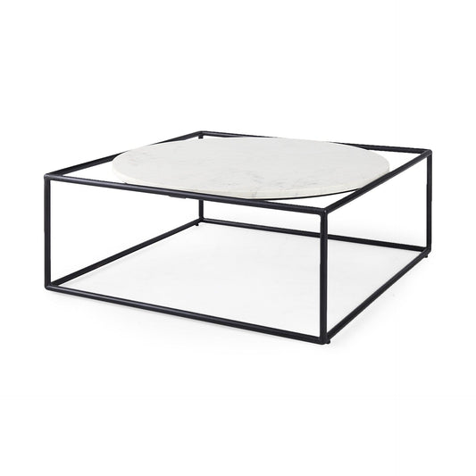 36" White And Black Genuine Marble And Metal Square Coffee Table - Homeroots