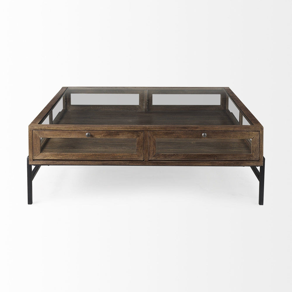 42" Dark Brown Glass And Metal Square Coffee Table With Shelf - Homeroots - Flyclothing LLC