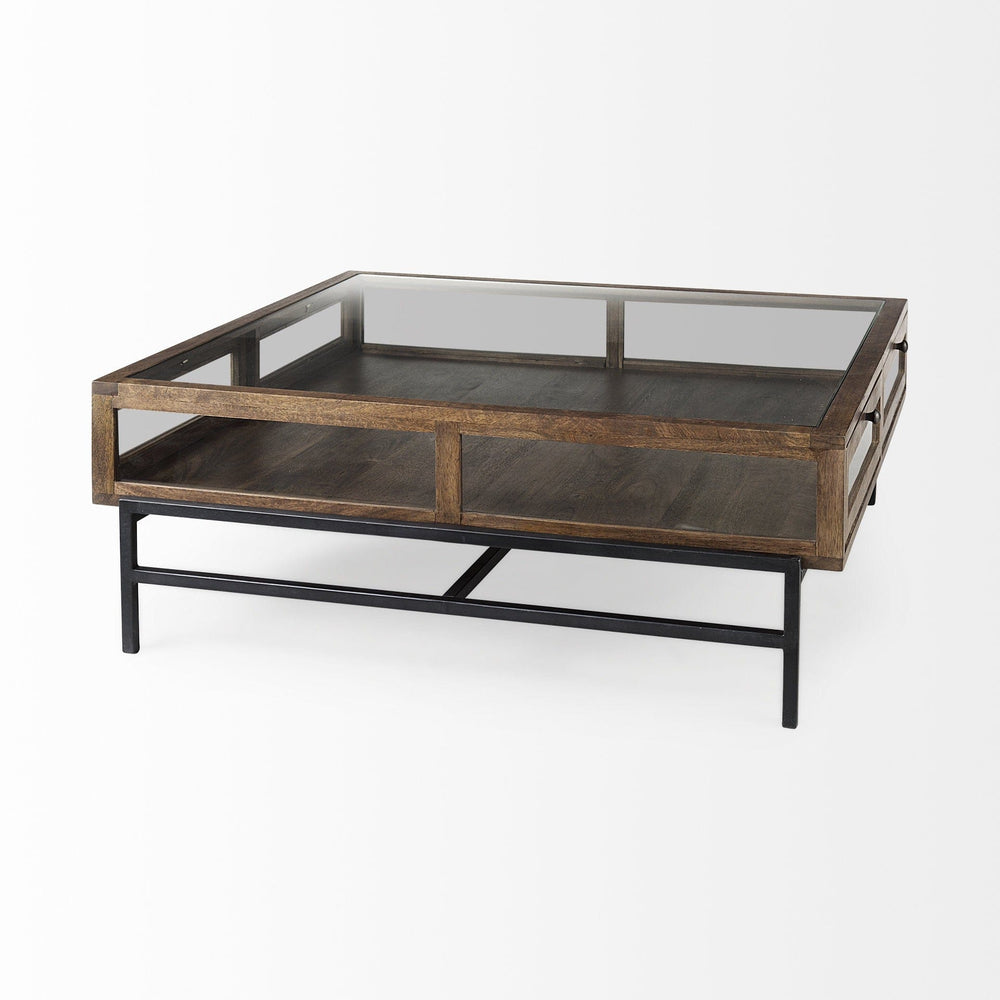 42" Dark Brown Glass And Metal Square Coffee Table With Shelf - Homeroots - Flyclothing LLC