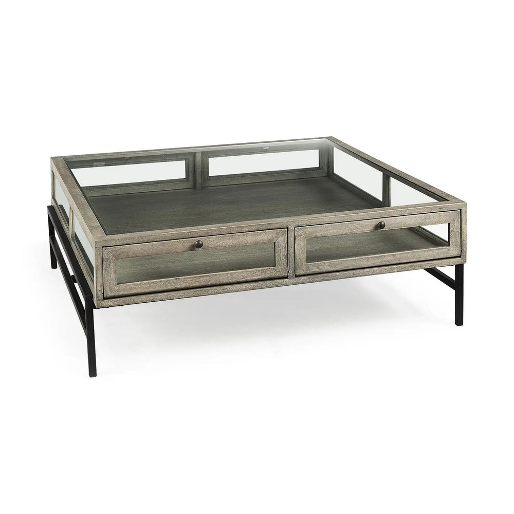 42" Gray And Black Glass And Metal Square Coffee Table With Shelf - Homeroots - Flyclothing LLC
