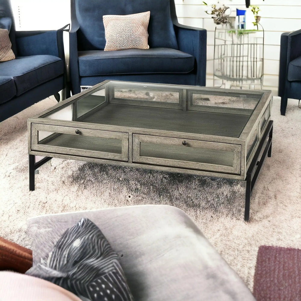 42" Gray And Black Glass And Metal Square Coffee Table With Shelf - Homeroots - Flyclothing LLC