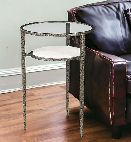 23" Bronze And Clear Glass And Metal Round End Table With Shelf - Homeroots