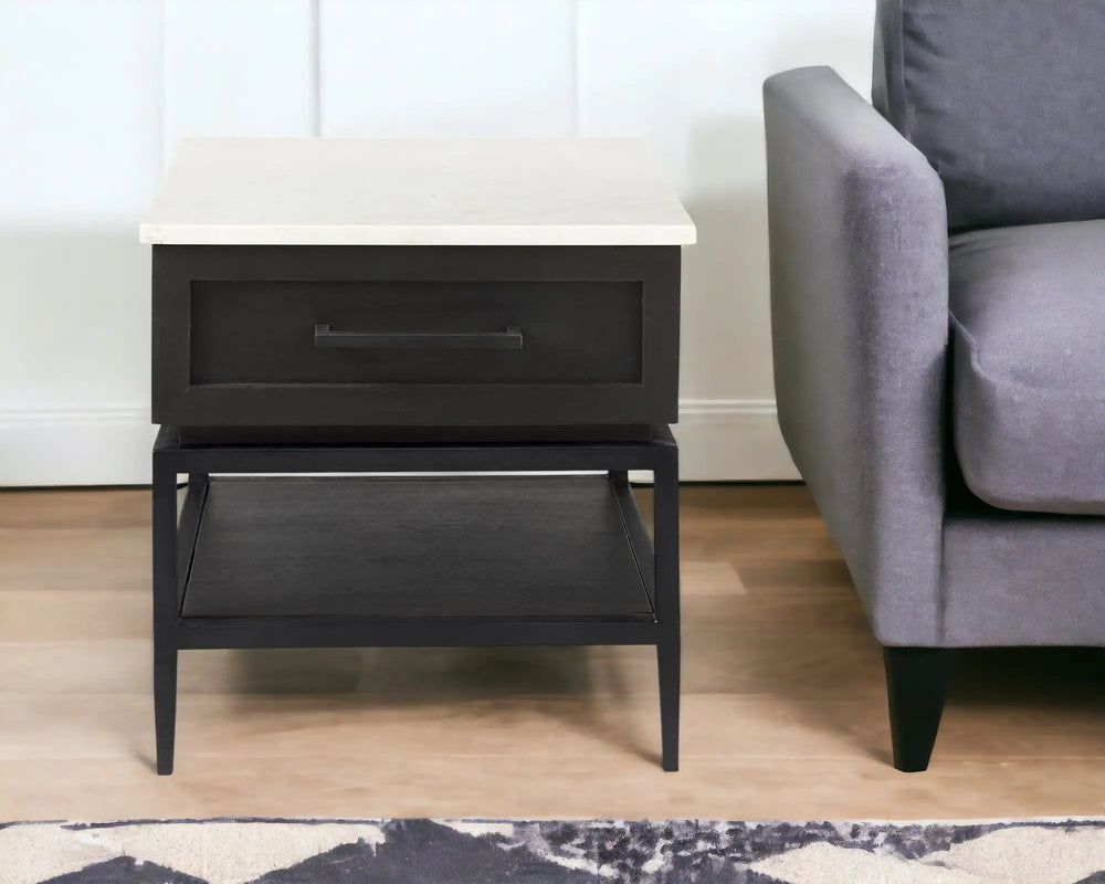 22" Black And White Marble Square End Table With Drawer And Shelf - Homeroots