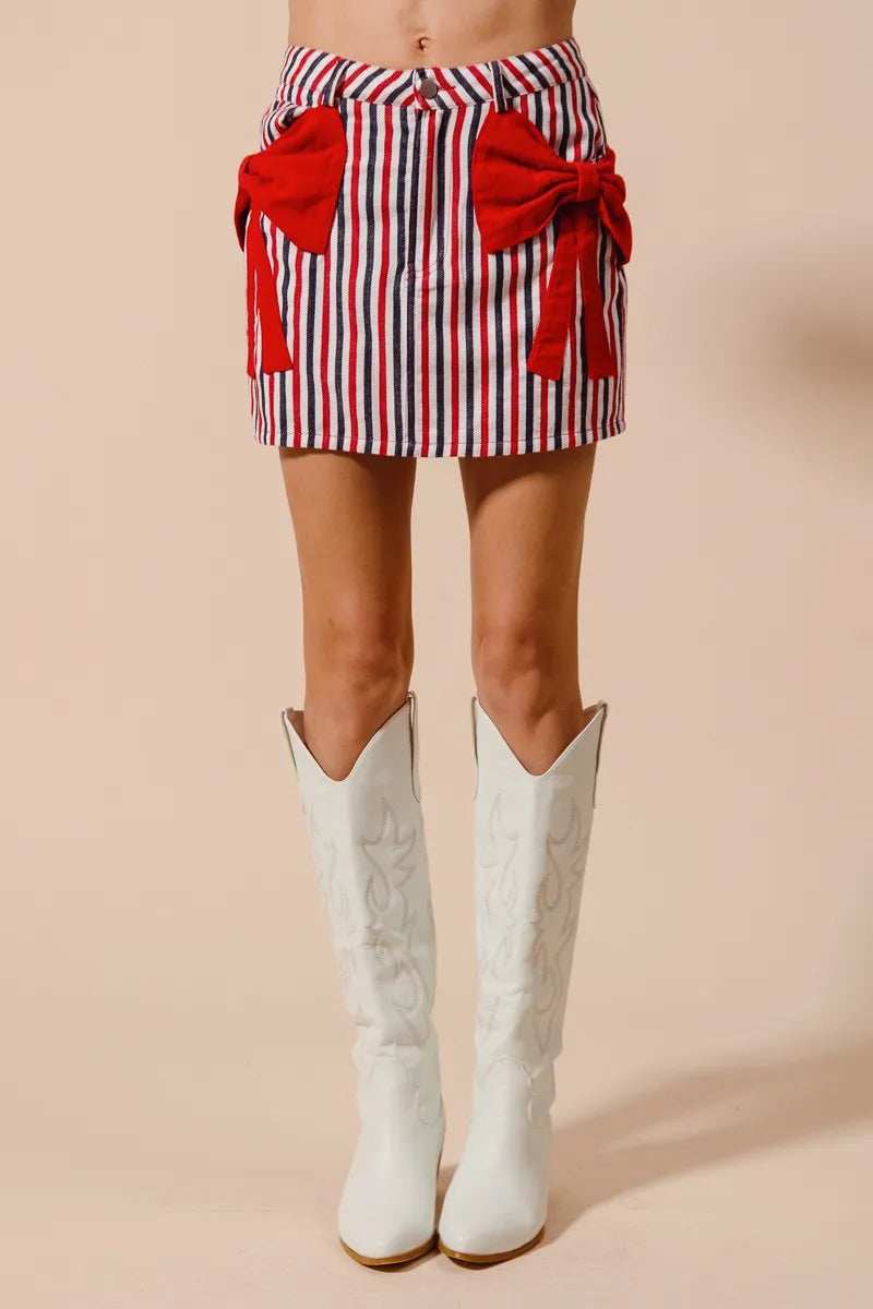 SO ME Contrast Bow Knot Pocket Fourth Of July Denim Skirt - Trendsi - Flyclothing LLC
