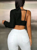 One Shoulder Long Sleeve Cropped Denim Top - Trendsi - Flyclothing LLC